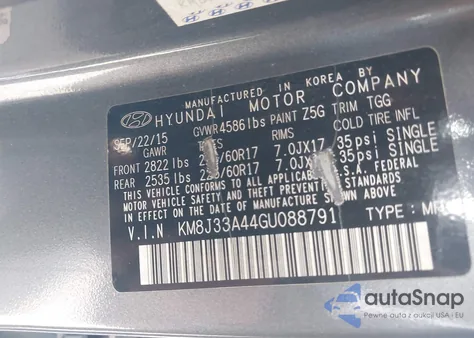 2016 Hyundai Tucson Se z USA, uszkodzony, nr VIN KM8J33A44GU088791